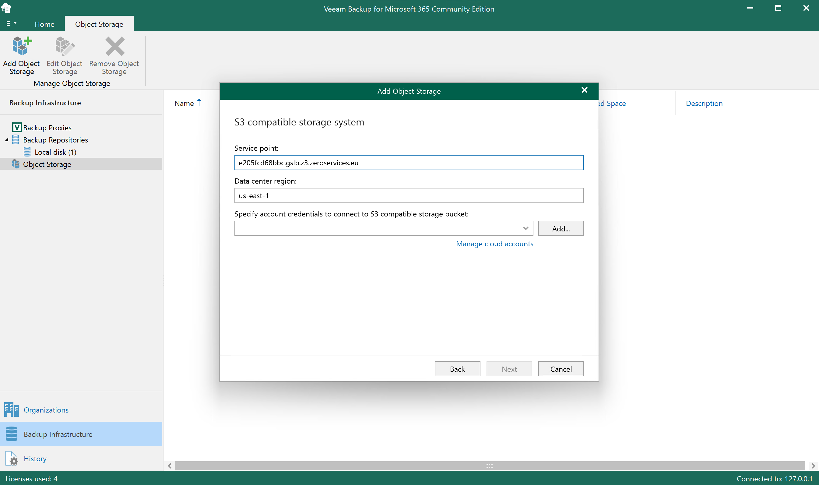 Veeam Backup & Replication - Enter S3 access key and secret key credentials step 3