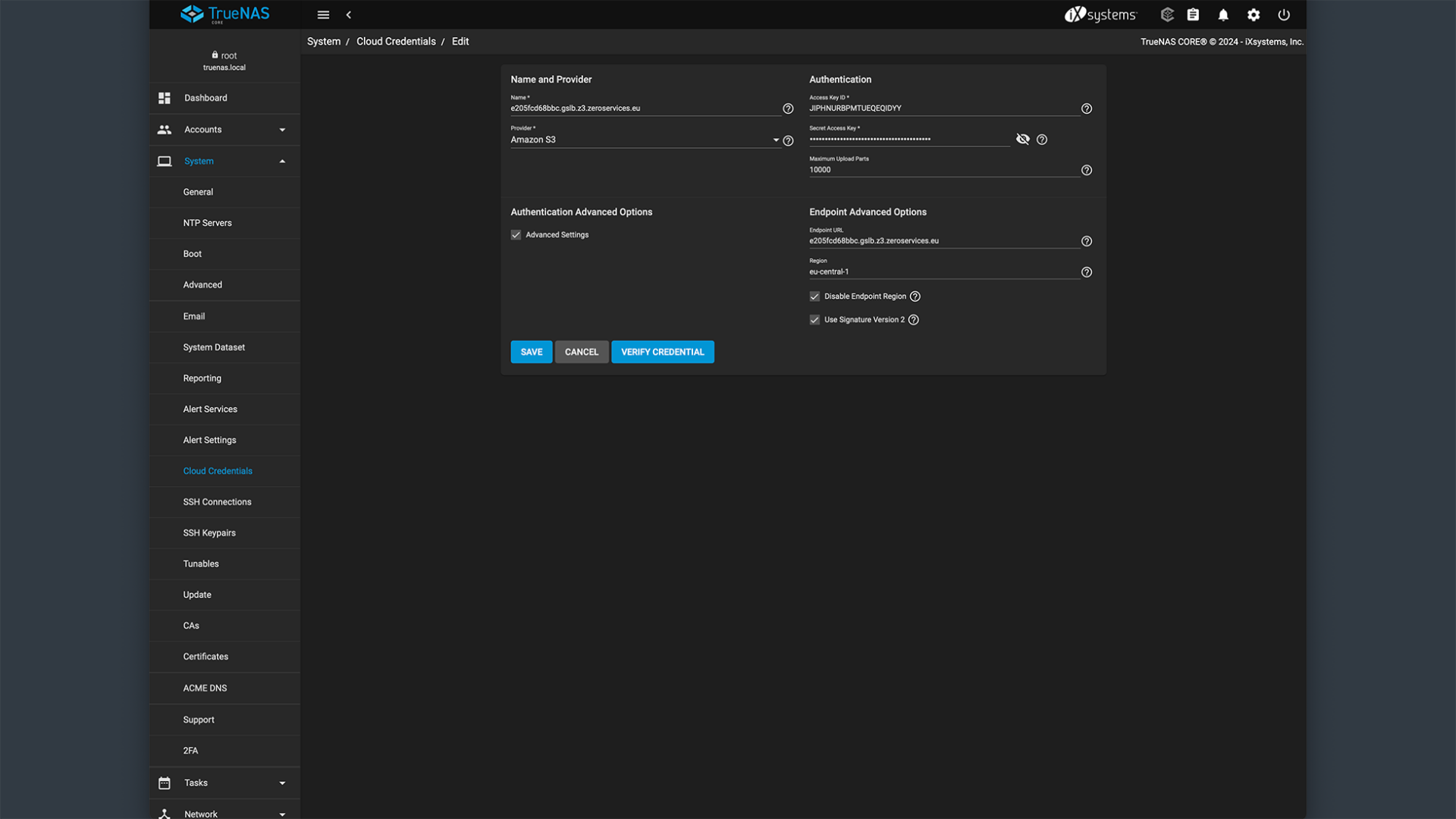 TrueNAS Cloud Sync - Configure S3 provider with ZERO-Z3 endpoint URL step 1