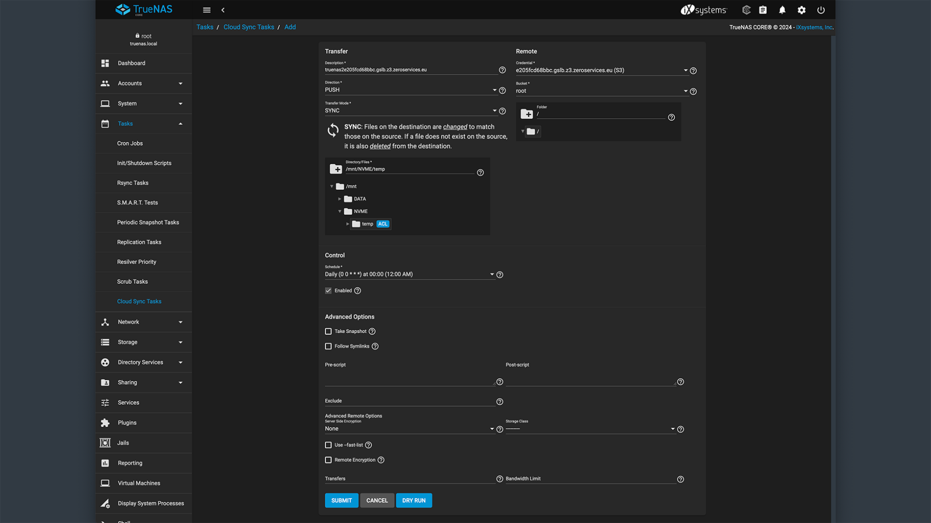 TrueNAS Cloud Sync - Enter S3 credentials and bucket name for ZERO-Z3 backup step 2