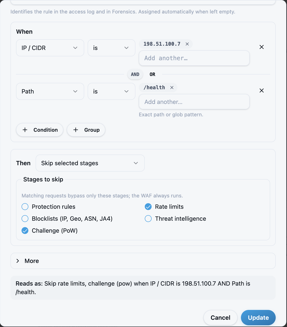 Rule dialog in the customer portal: action Skip selected stages with Rate limits and Challenge selected
